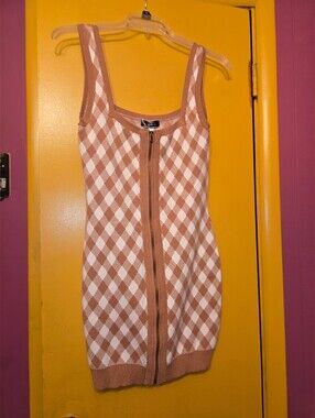 Blue Blush Tan and White Argyle Zip-Front Tank Mini Dress